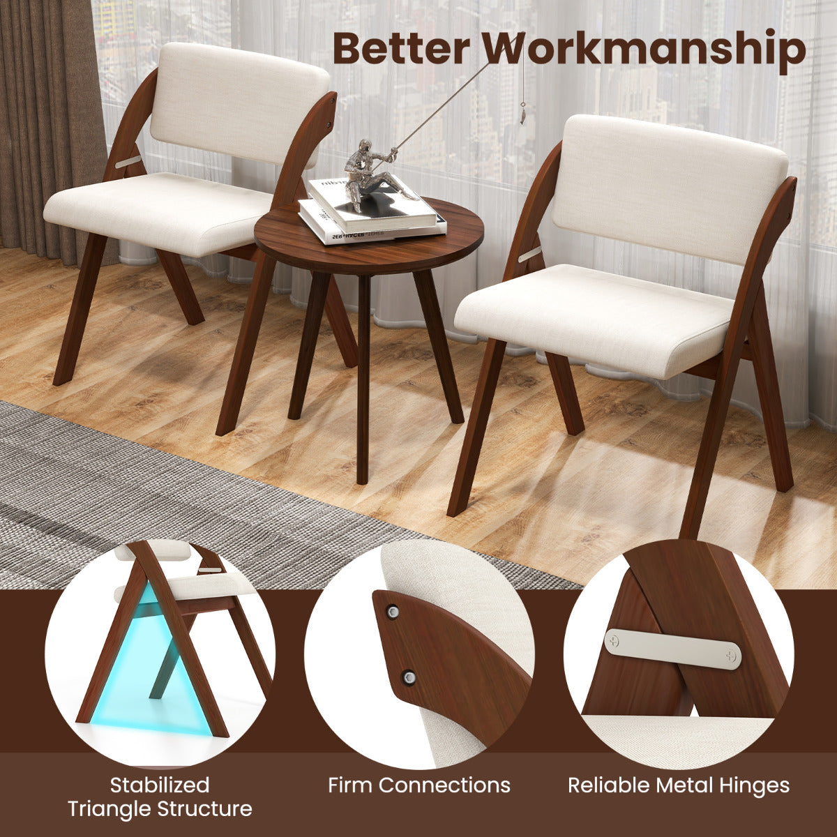 Set of 4 Dining Chairs Folding Kitchen Chair with Rubber Wood Legs-Walnut
