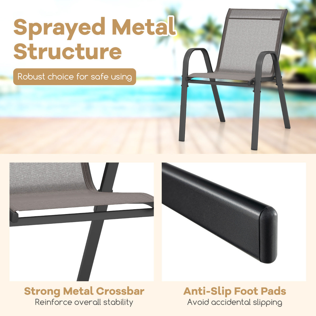 Set of 4 Patio Chairs with Armrests for Garden Deck and Porch-Grey