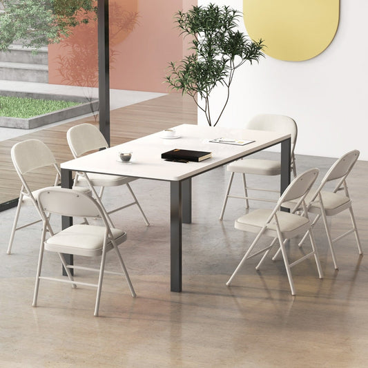 Set of 6 Folding Fabric Padded Chairs with Sponge Seat and Backrest-Beige