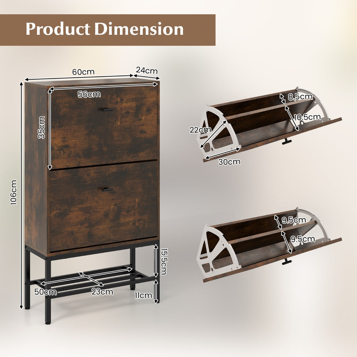 Shoe Storage Cabinet with 2 Flip Drawers and Adjustable and Removable Shelves-Rustic Brown