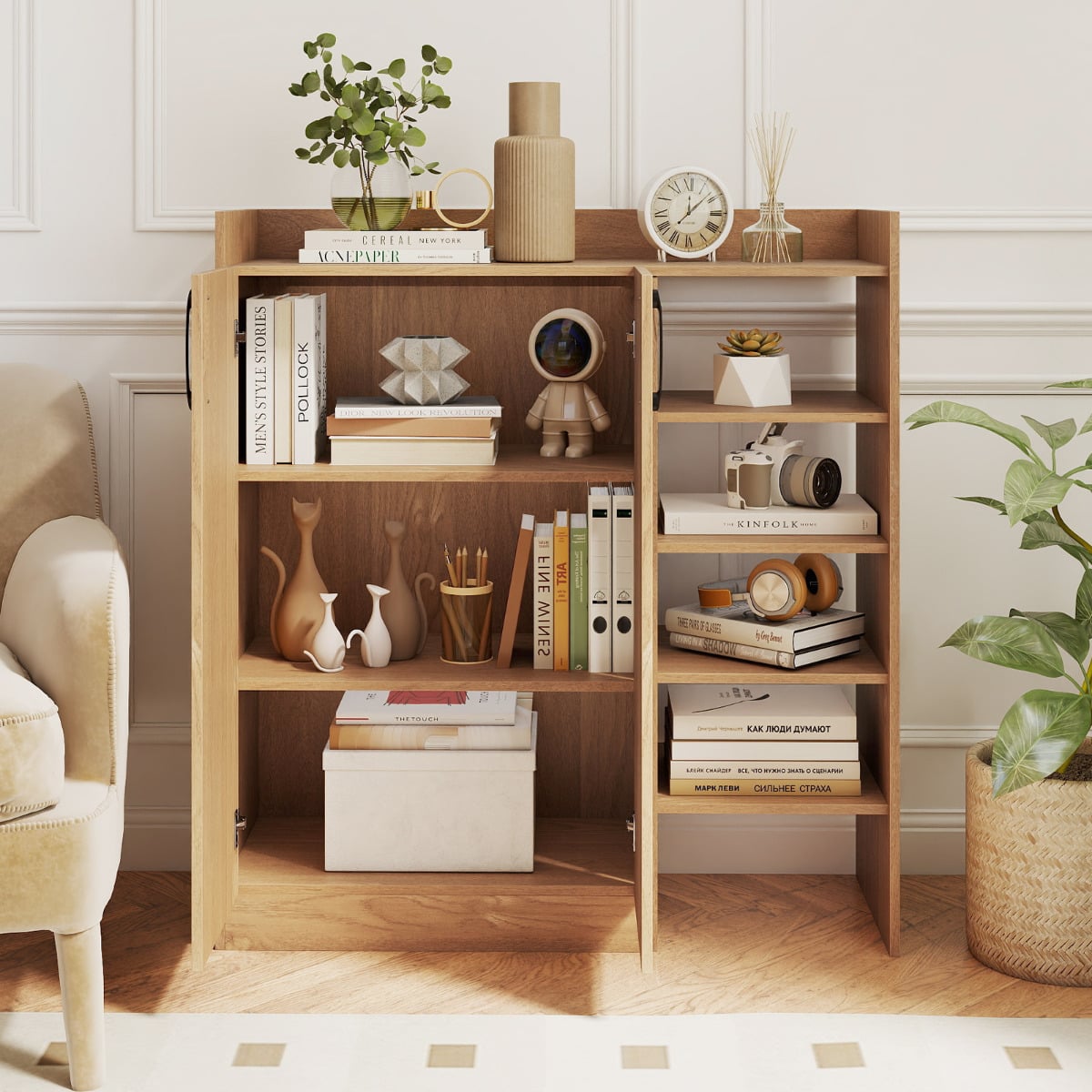 Shoe Storage Organizer with 2 Adjustable Inner Shelves and 4 Open Shelves-Natural