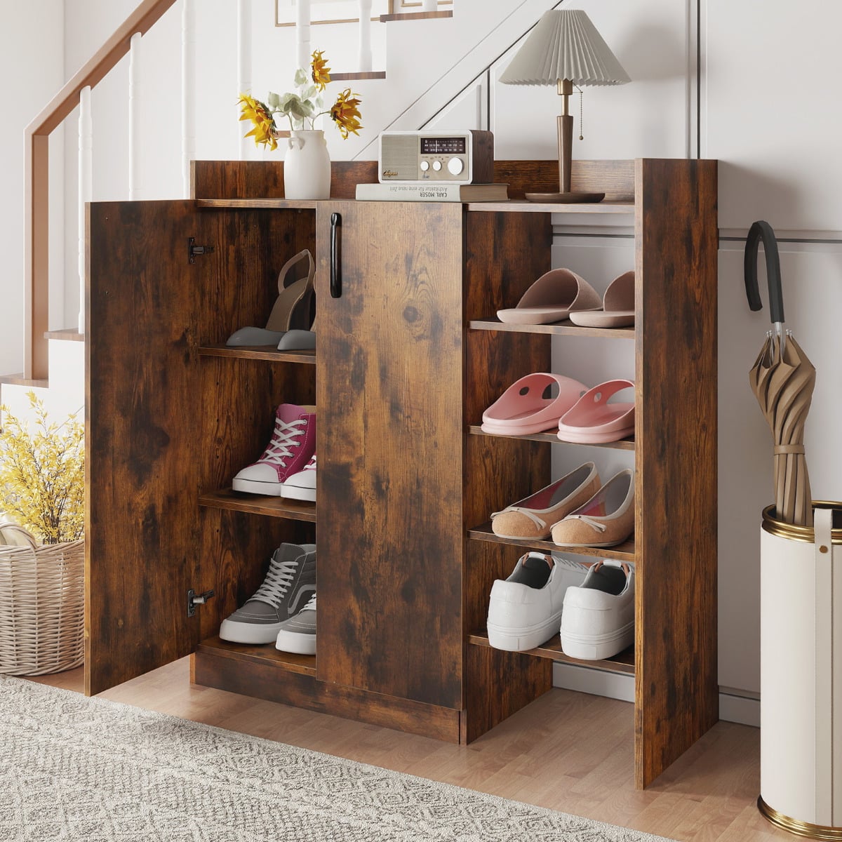 Shoe Storage Organizer with 2 Adjustable Inner Shelves and 4 Open Shelves-Rustic Brown