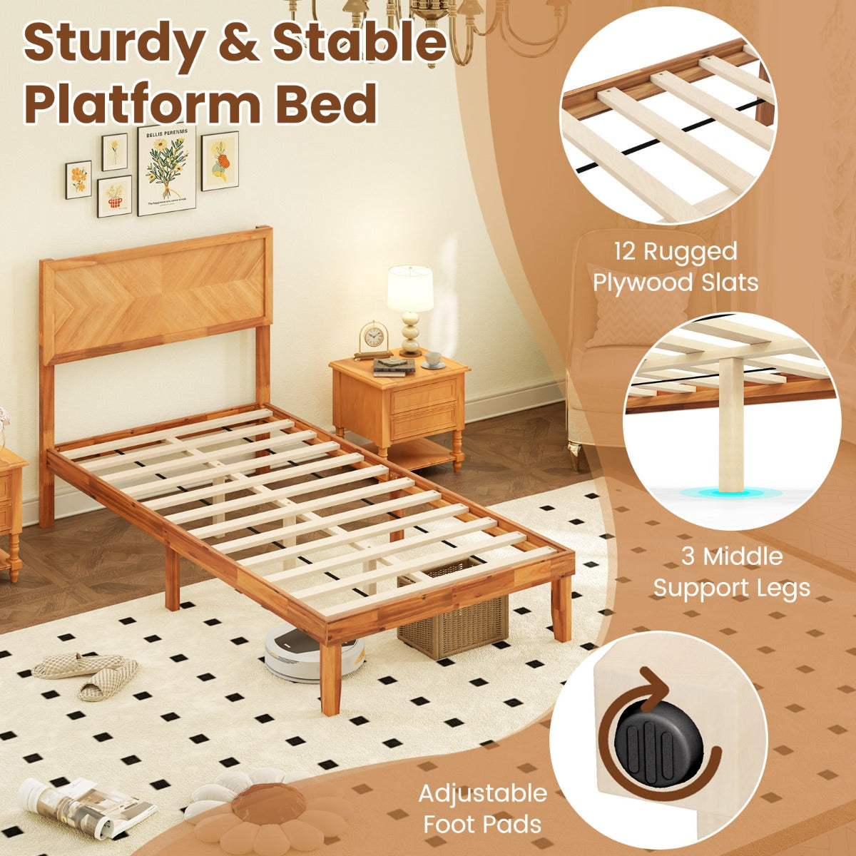 Single/King Size Mid-Century Acacia Wood Bed Frame with Headboard-Single Size