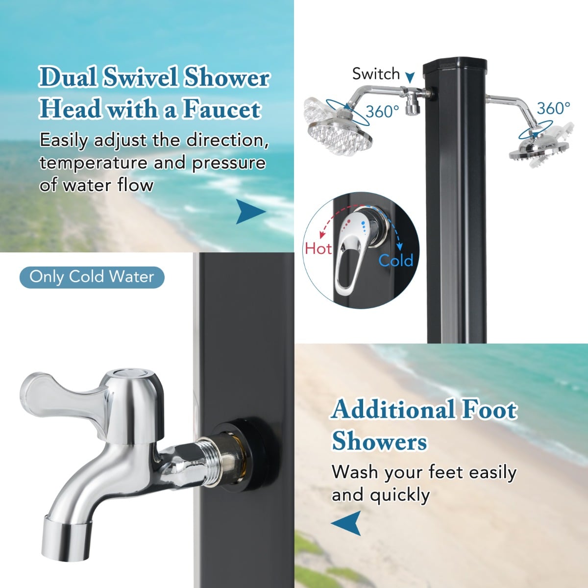 Solar Heated Shower with Dual Swivel Shower Heads-Black