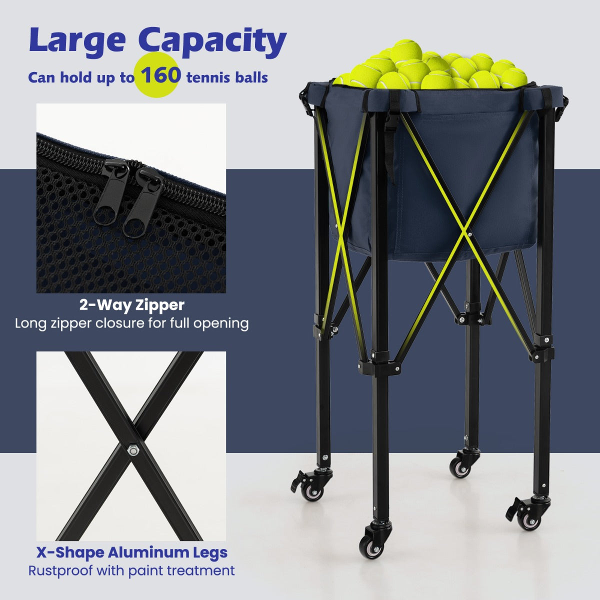 Lightweight Foldable Tennis Ball Teaching Cart with Wheels and Removable Bag-Blue
