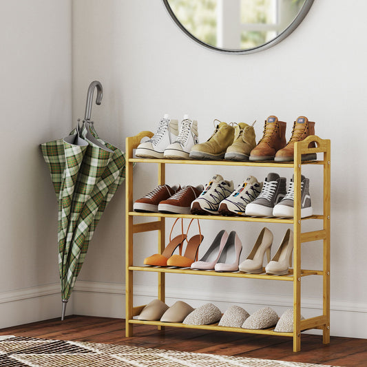 HOMCOM Freestanding Bamboo Shoe Rack, 4-Tier Shoe Shelf Stand for Hallway, Living Room, Bedroom, Natural Wood Finish