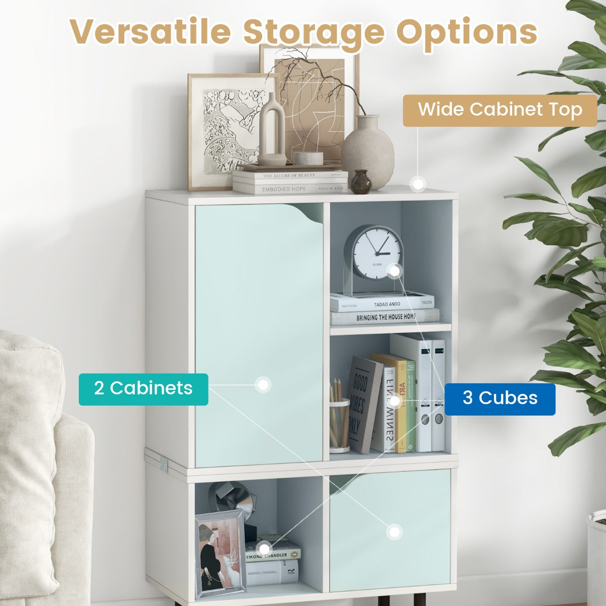 Stackable Bookcase with Adjustable Shelf and Cubes for Living Room Bedroom-White