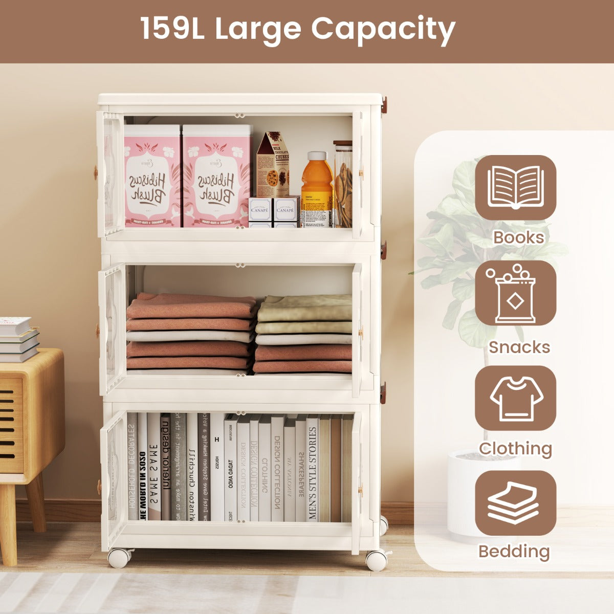 Stackable Storage Containers with Wheels and Lit-White-3-Tier