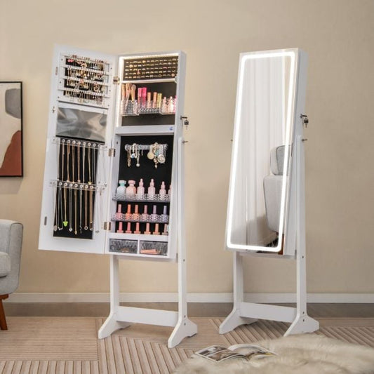 Standing Jewelry Cabinet with LED Lights Lipstick Box and 2 Drawers-White