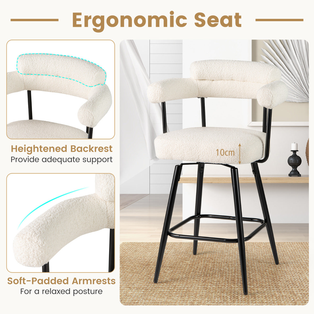 Swivel Bar Stool Set of 2 Counter Height Chairs with Curved Back-White