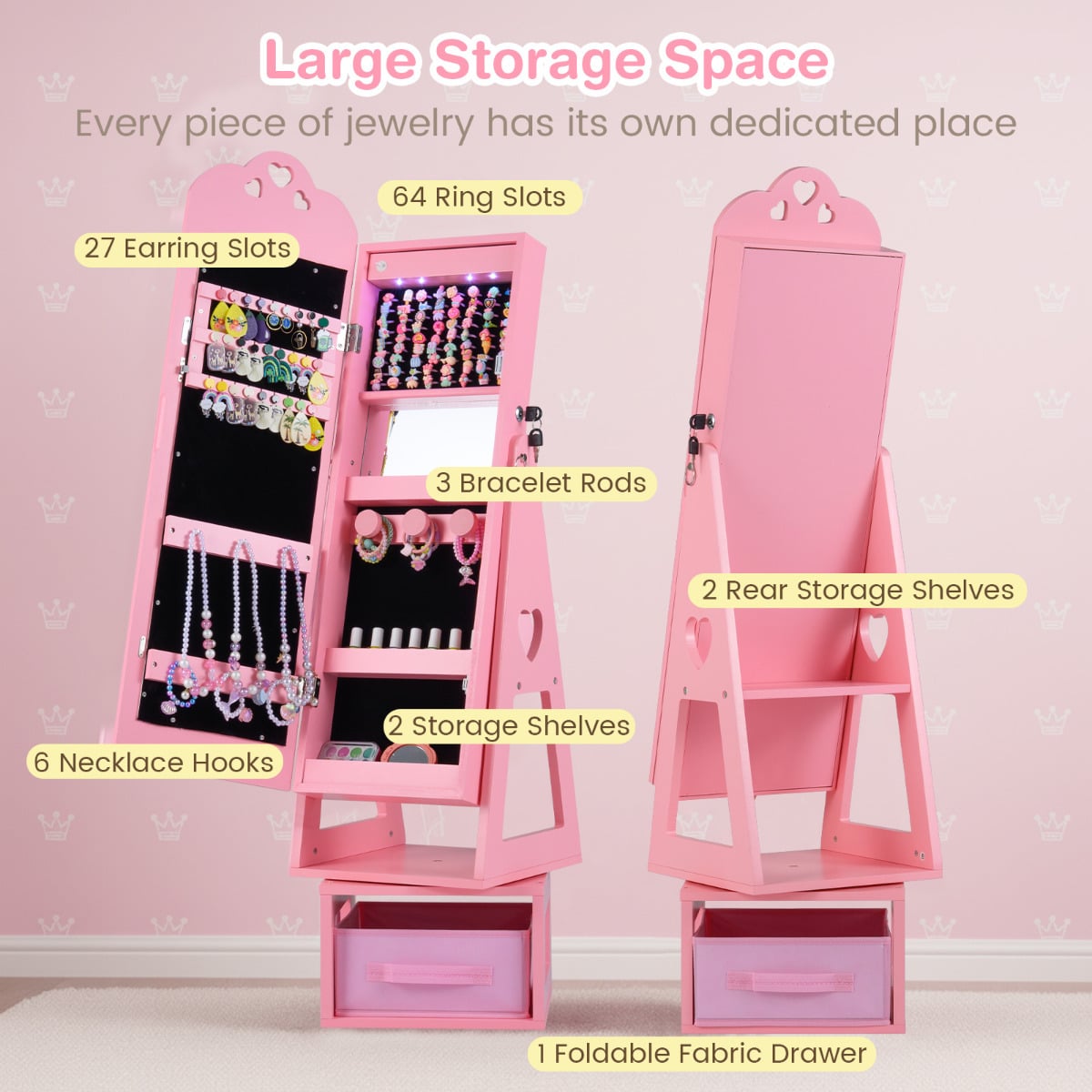 Swivel Kids Jewelry Cabinet with Full-Length Mirror and Lights-Pink