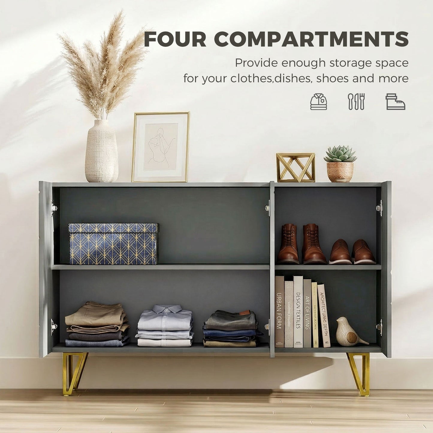 HOMCOM Modern Luxe High Gloss Sideboard, with Hairpin Legs, Grey