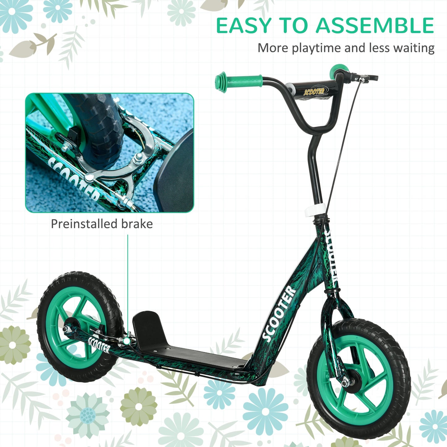 AIYAPLAY Kids Scooter with Adjustable Handlebar, Children's Kick Scooter with Non-slip Footplate, Rear Brake, Kickstand, Green