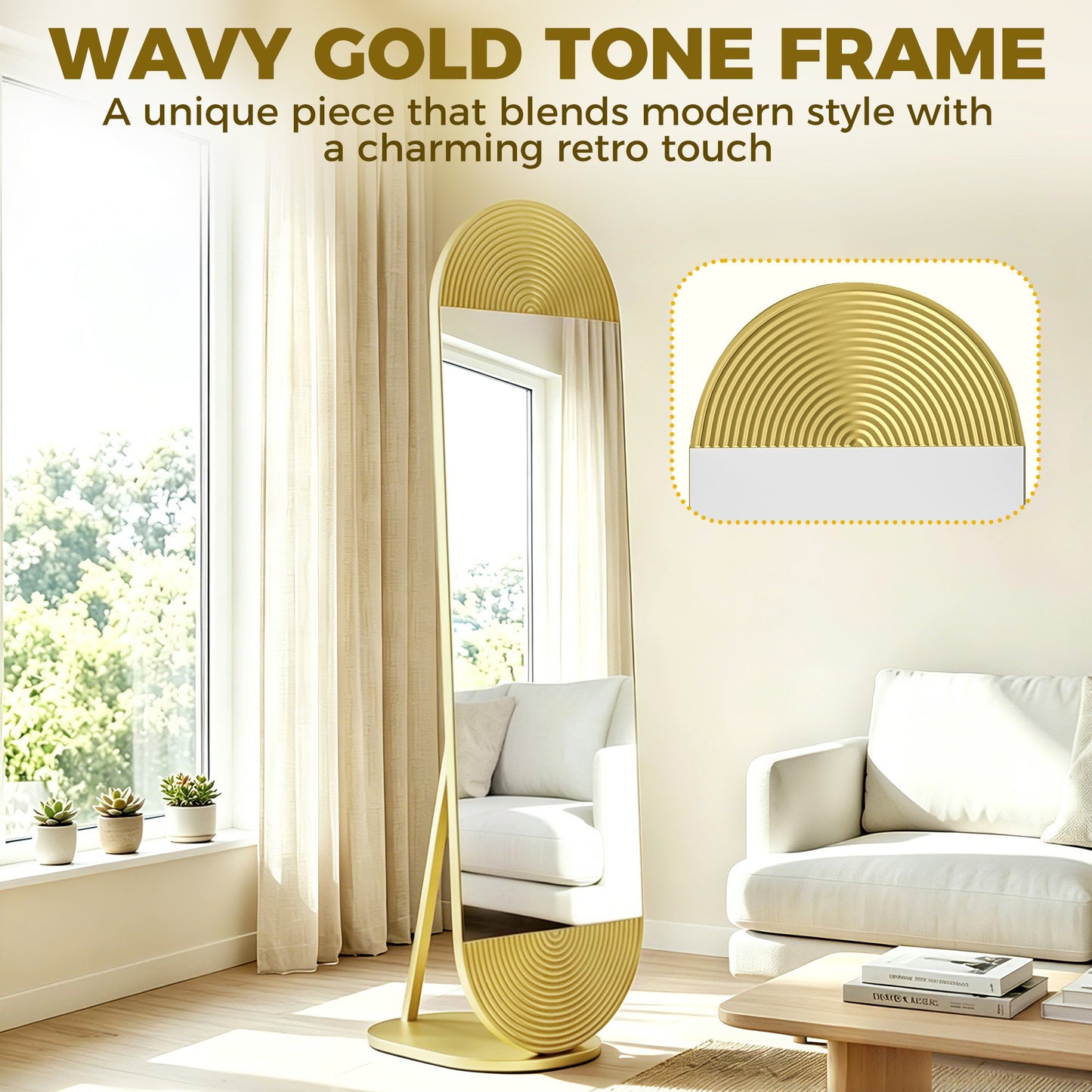 HOMCOM 50 x 161 cm Wavy Full Length Mirror, Free Standing Mirror with Metal Frame and Solid Base, Gold Tone