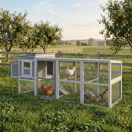 PawHut Large Chicken Coop, Wooden Hen House with Covered Run, Nesting Box, Pull-Out Tray, Opening Asphalt Roof