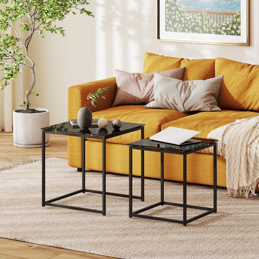 HOMCOM Nest of Tables, Set of 2 Coffee Table, Side Tables with Tempered Glass Desktop and Metal Frame for Living Room, Bedroom, Office, Black