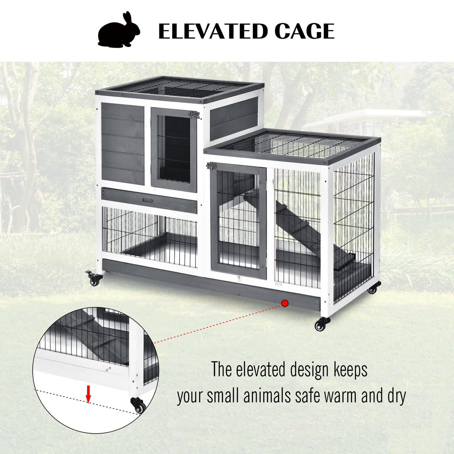 PawHut Small Animals 2-TierFir Wood Guinea Pigs Hutches Indoor Hutch Grey