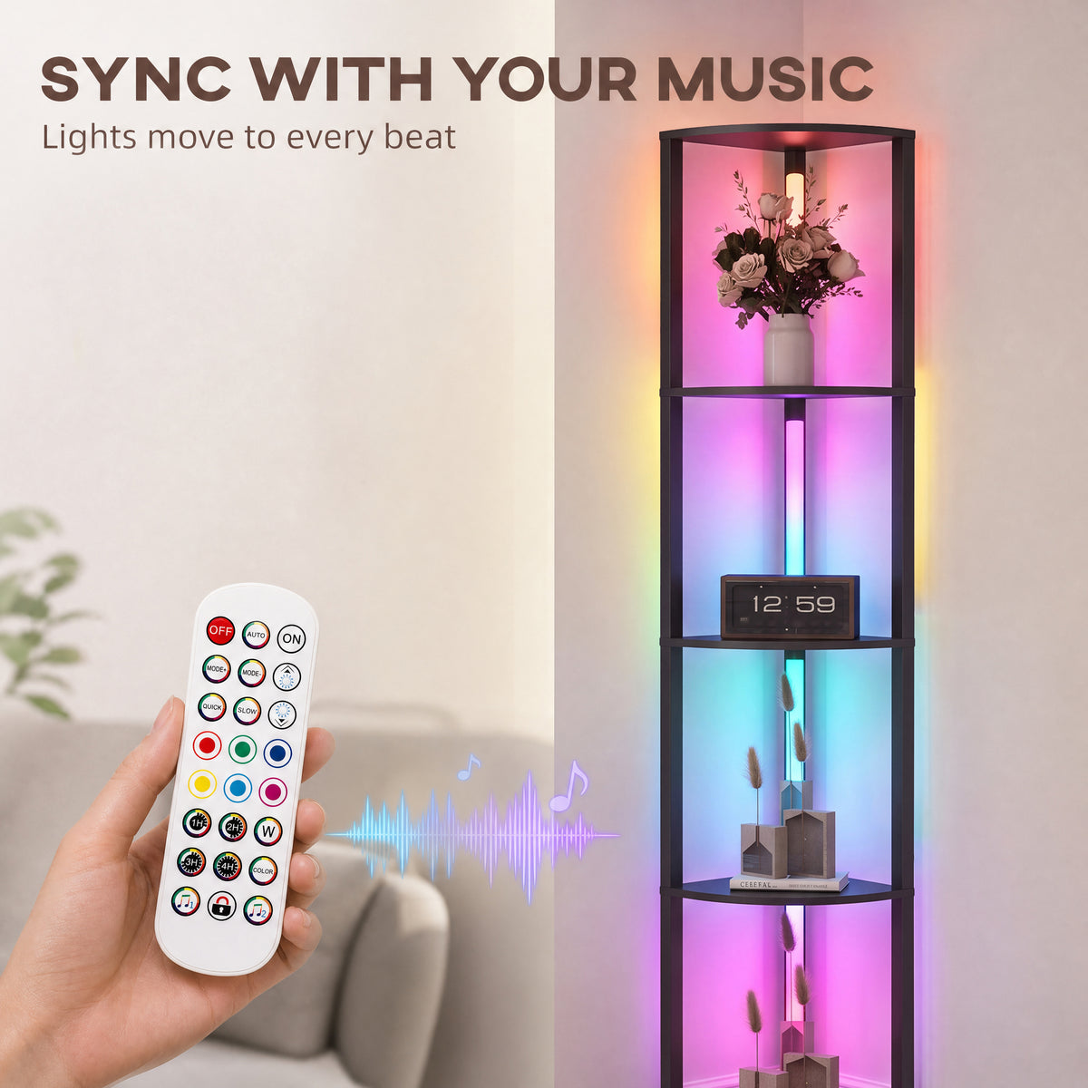 HOMCOM RGB LED Floor Lamp with Shelves, 4-Tier Dimmable Standing Lamp with Adjustable Brightness and Remote Control, Black
