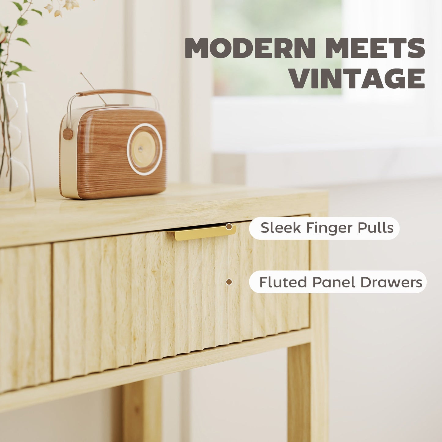 HOMCOM Modern Console Table with Fluted Panel Drawers, Narrow Hallway Table with Shelf for Entryway, Living Room, 90 x 30 x 76 cm, Natural Wood Finish