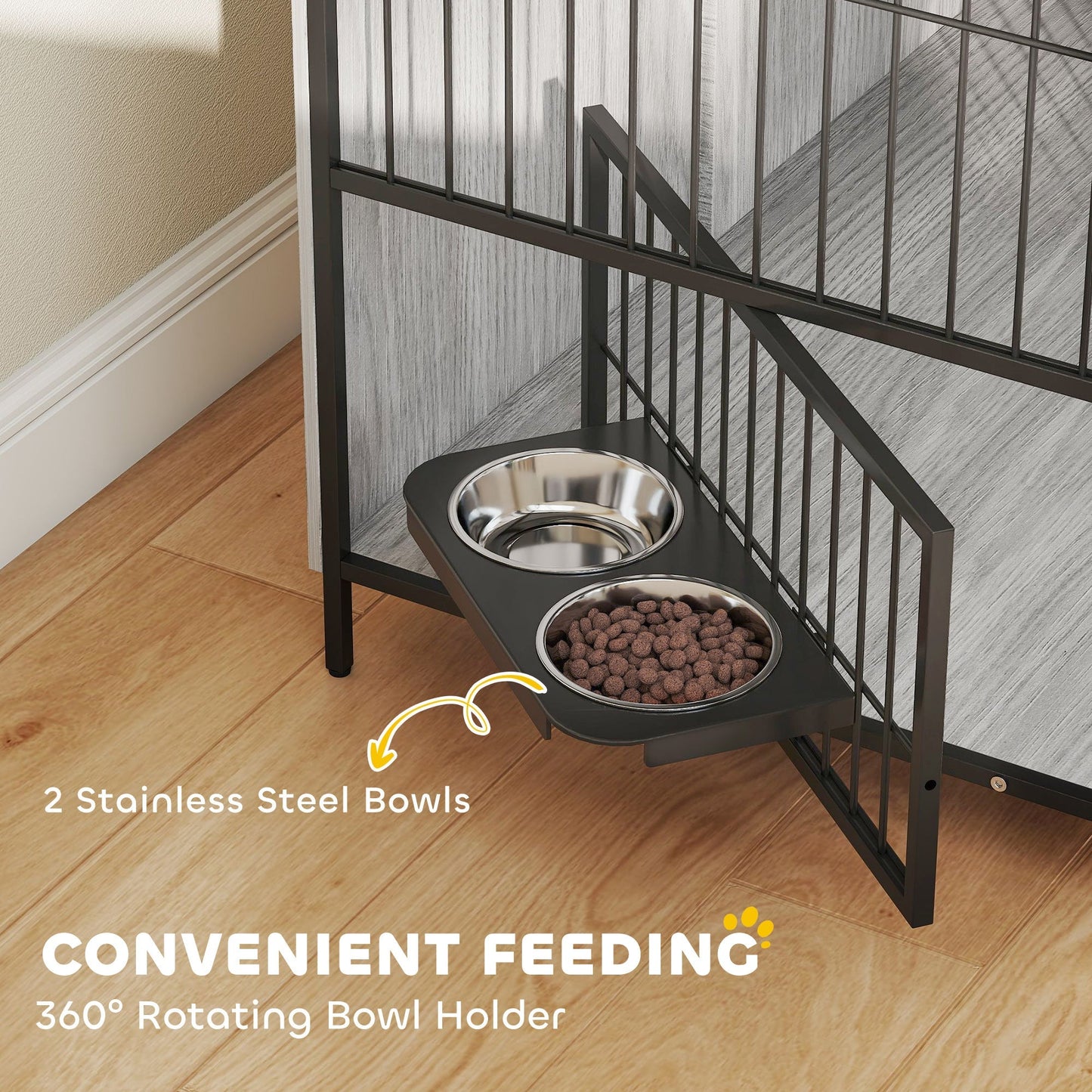 PawHut Large Dog Crate Furniture with Rotating Bowl Holder, 2 Bowls, 2 Doors, for Large Dogs, 100 x 60 x 88 cm, Grey