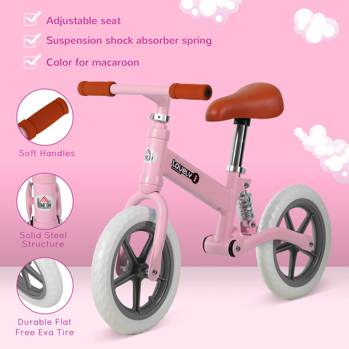 HOMCOM 12" Kids Balance Bike No Pedal Bicycle EVA Tyre Adjustable Seat Toddler Training Bike W/ Shock Absorber 2 - 5 Years Gift for Boys Girls Pink
