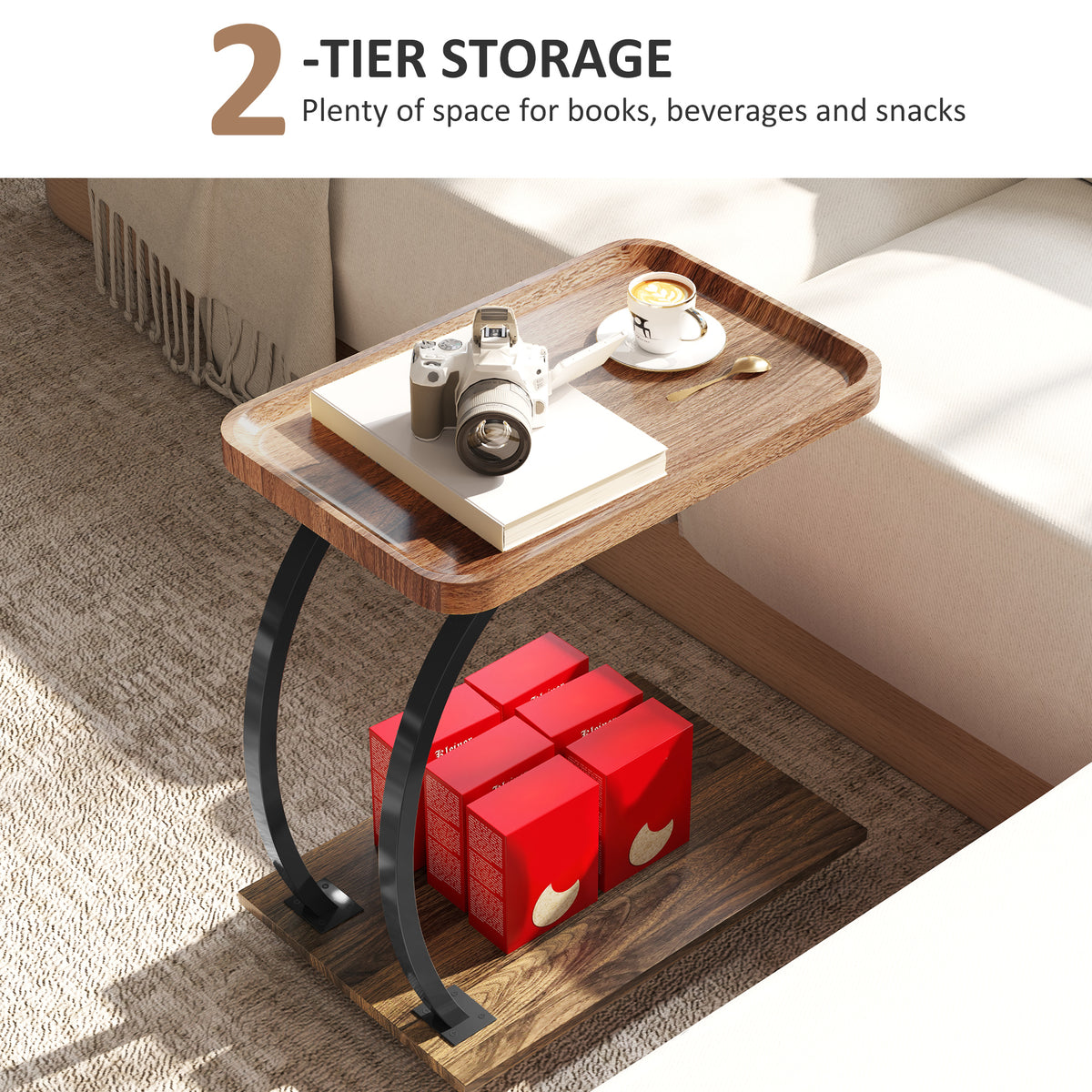 HOMCOM 2-Tier Mobile C-Shaped Side Table - Brown