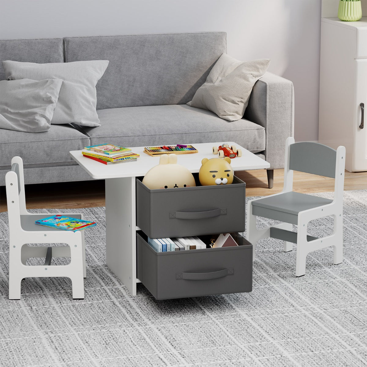 Kids Table and 2 Chairs Set, 3 Piece Desk Set with Removable Storage Baskets for Playroom Grey
