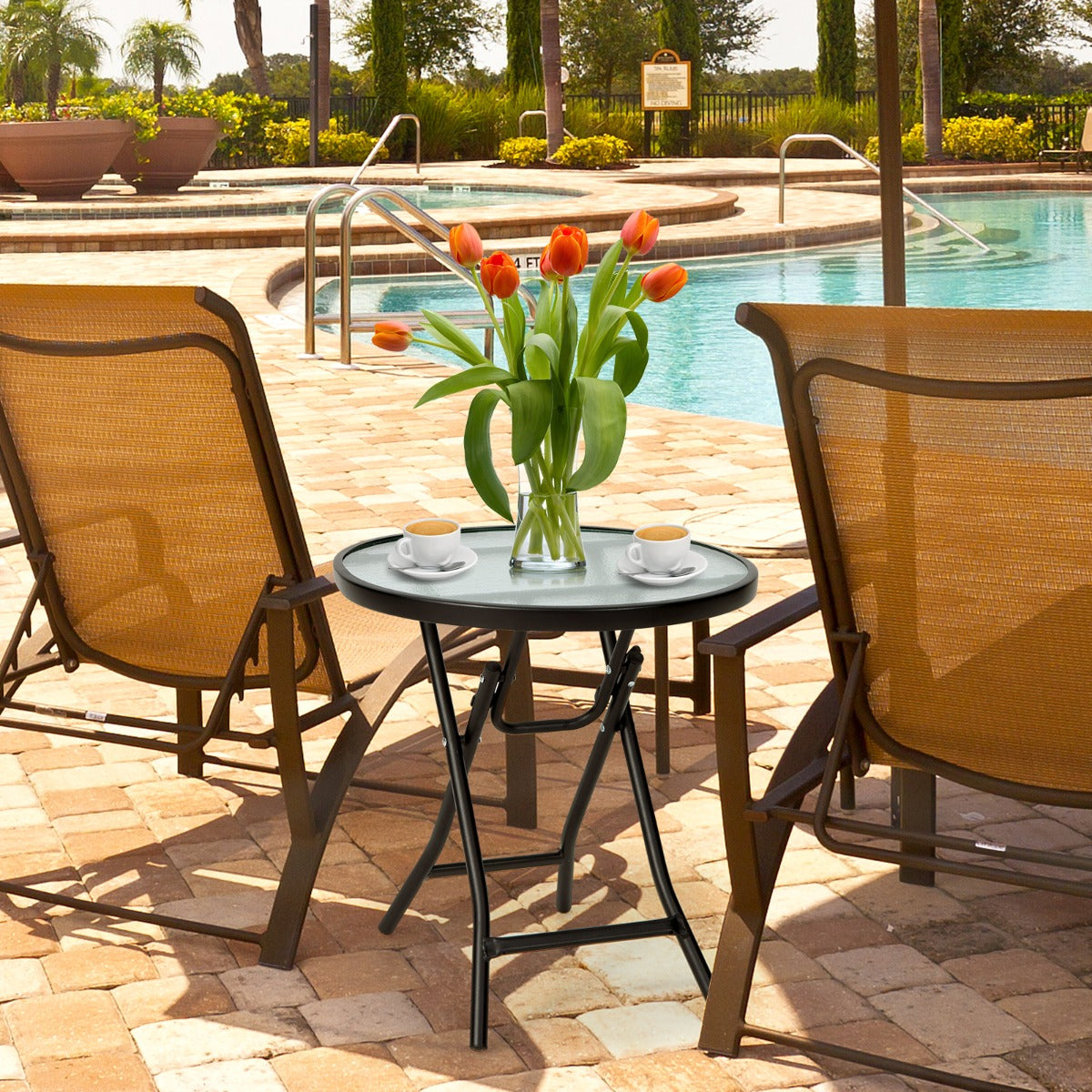 Folding Patio Side Table with Tempered Glass Tabletop