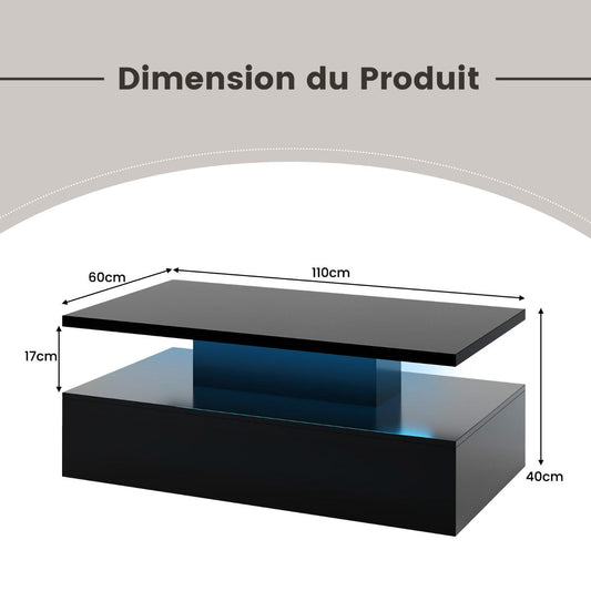 2 Tier Coffee Table with 20 Color LED Lights 110x60x40CM Contemporary Living Room Table with Remote Control Glossy Black