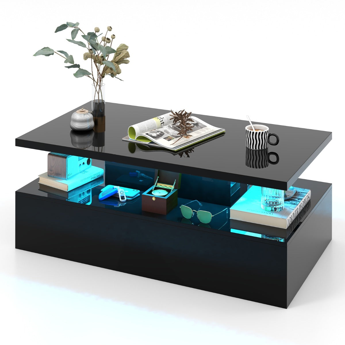 2 Tier Coffee Table with 20 Color LED Lights 110x60x40CM Contemporary Living Room Table with Remote Control Glossy Black