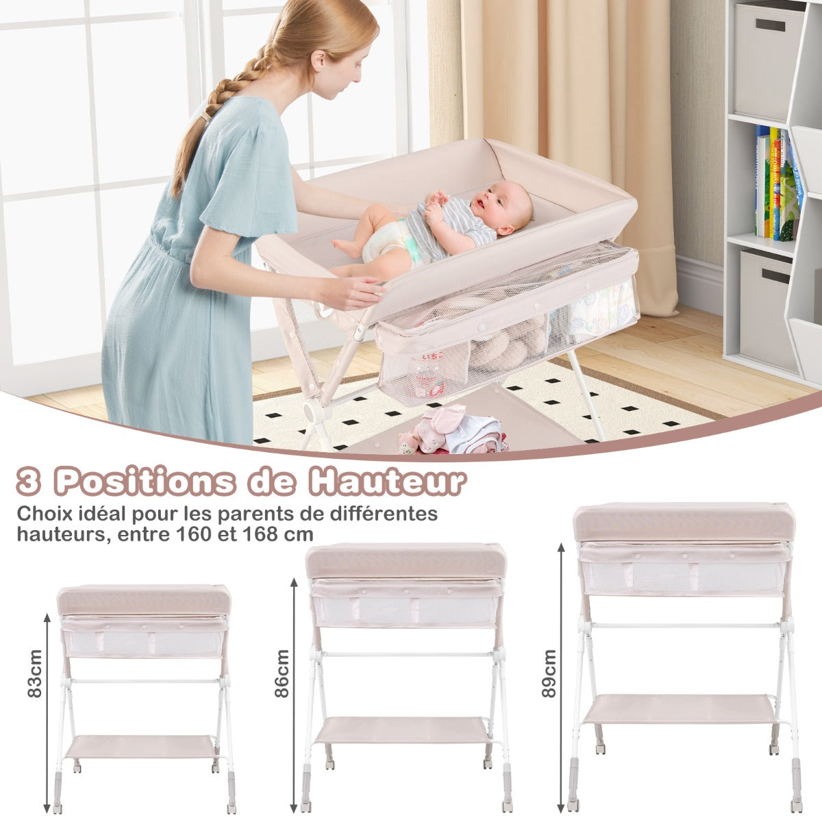 Folding Baby Changing Table, Portable Changing Table, Height Adjustable to 6 Levels with Wheels, Shelf and Basket, Beige