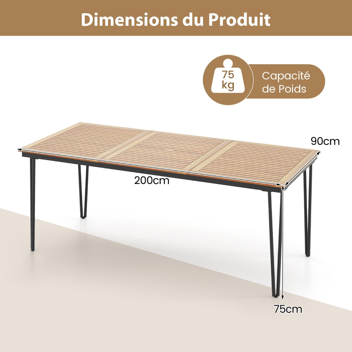 Outdoor Table for 8 People 200 cm Rectangular Table Acacia Wood Top Metal Frame 5 cm Parasol Hole