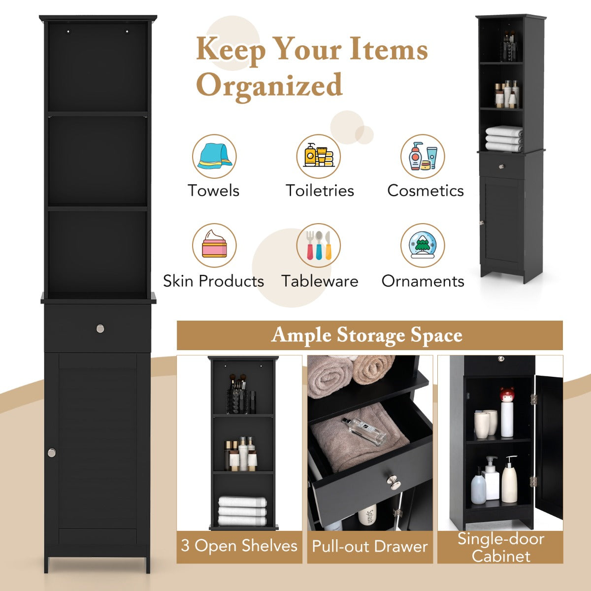 Tall Bathroom Cabinet with Adjustable Shelves-Black