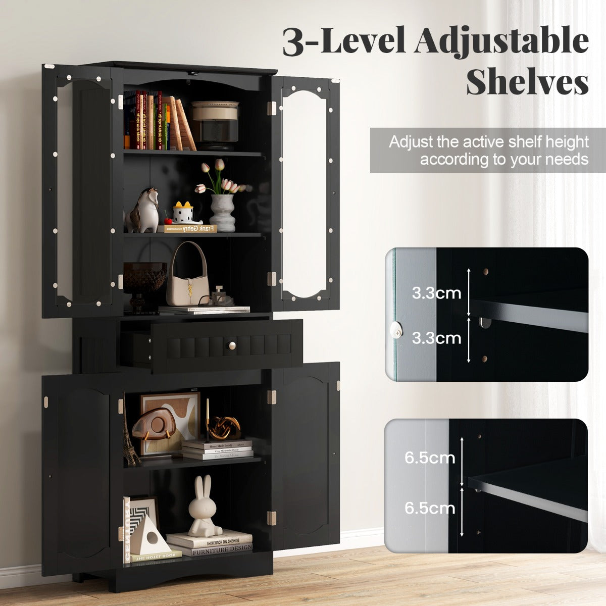 160cm Freestanding Linen Tall Bathroom Storage Cabinet with 2 Glass Doors-Black