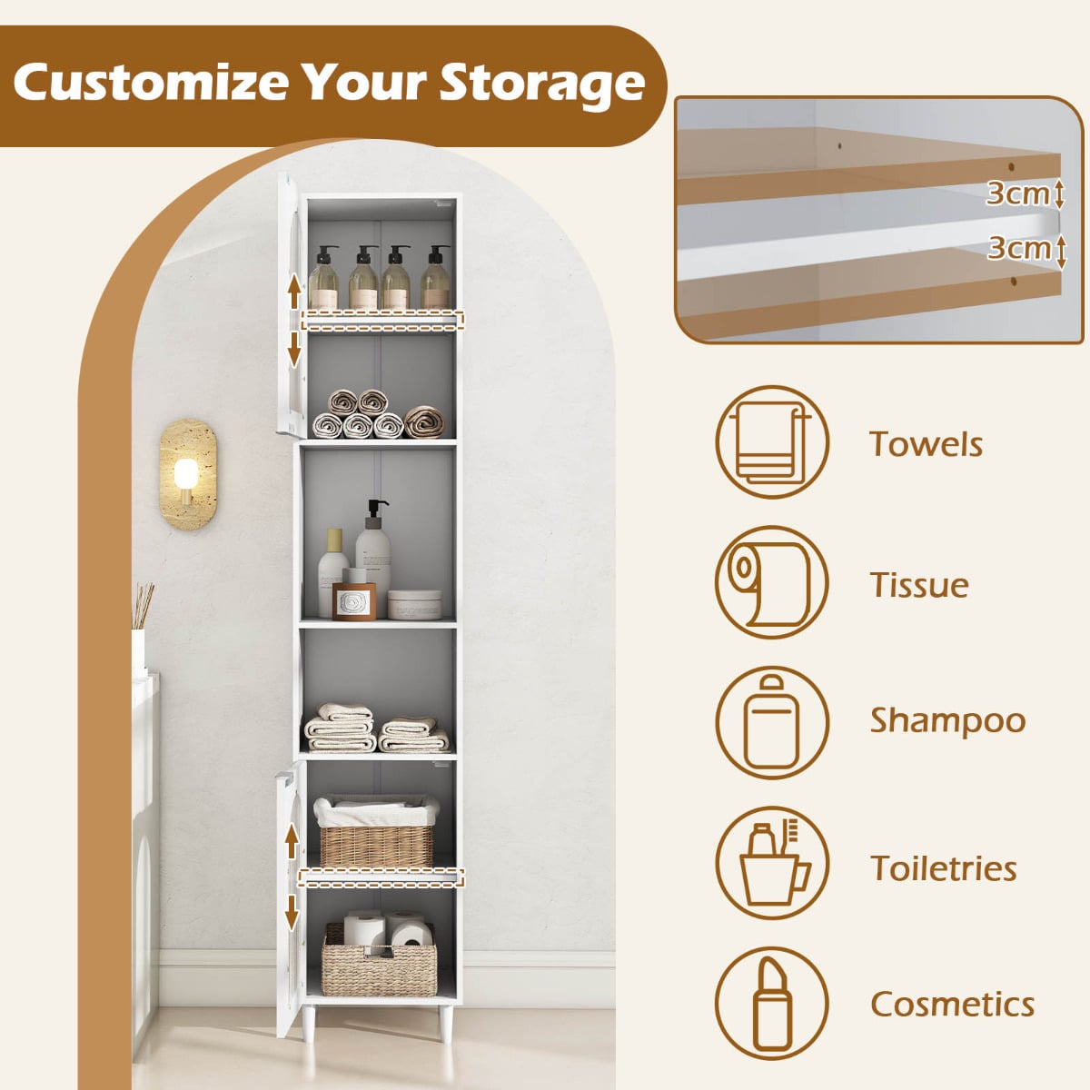 Tall Bathroom Storage Cabinet Narrow Home Organizer with 2 Fluted Glass Doors-White