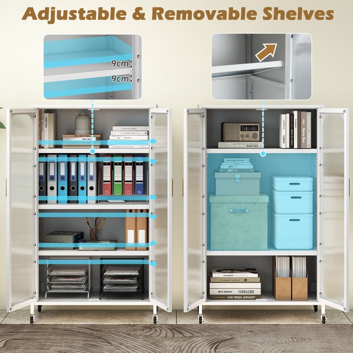 5-Tier Tall Kitchen Pantry with Adjustable Shelves and Semi-Transparent Doors-White