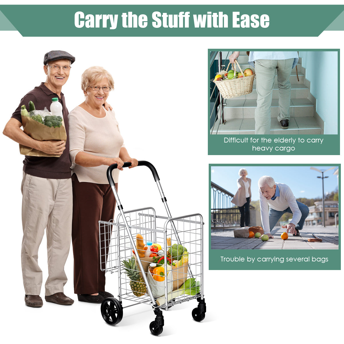Folding Shopping Cart Basket Rolling Trolley with Adjustable Handle-Silver