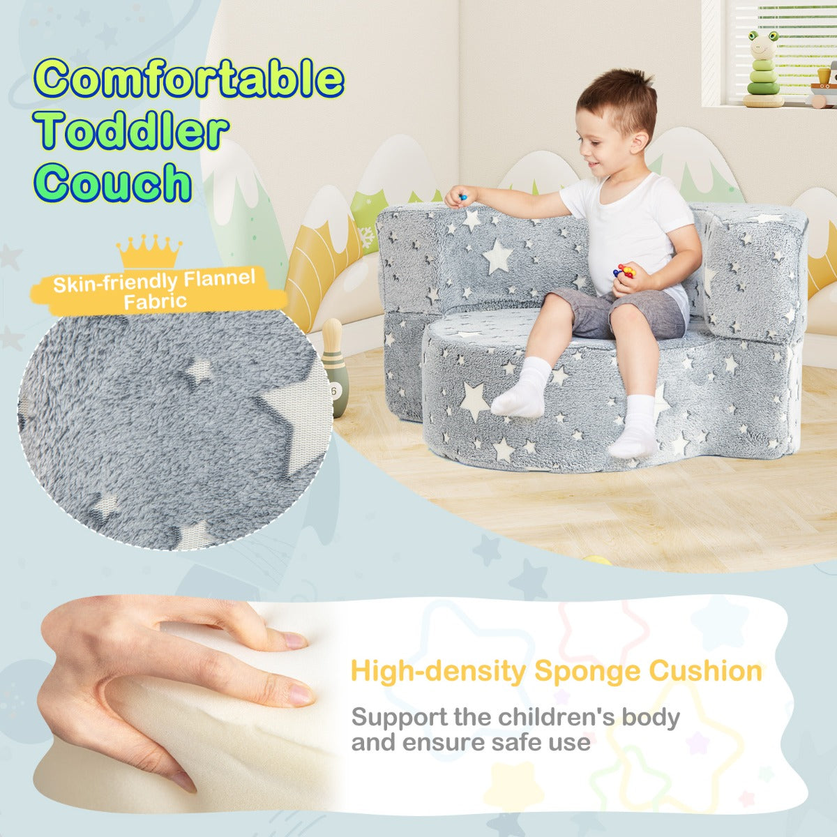2-in-1 Toddler Chair Glow in the Dark Kids Couch with Removable and Washable Cover-Grey