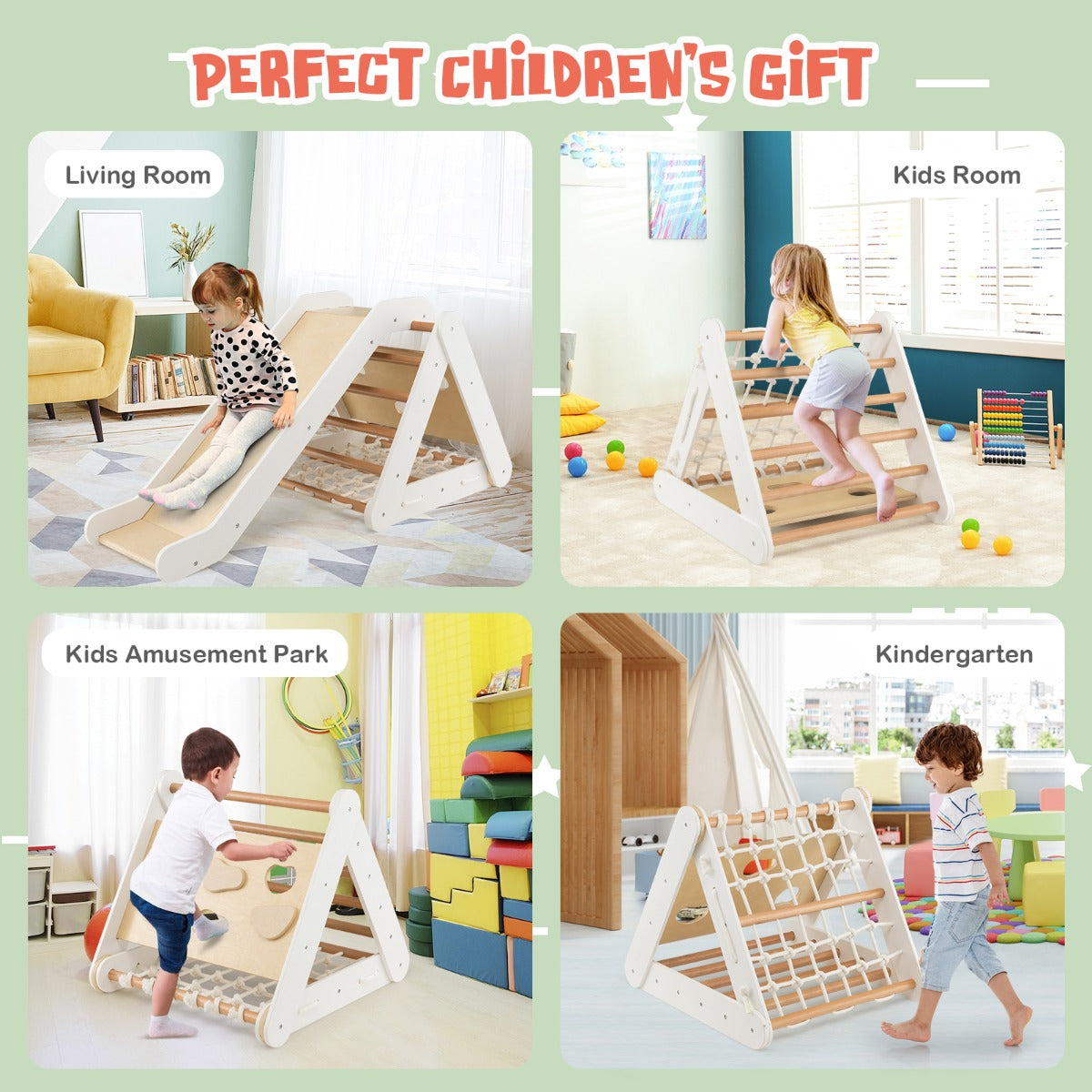 4 in 1 Toddler Wooden Triangle Climber with Ramp and Sliding Board-White