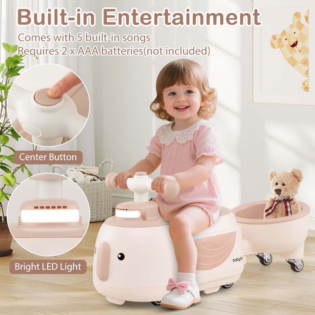 Toddler Ride on Toy with Trailer Sliding Car with Light and Music-Beige