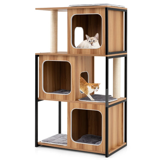 2 in 1 Scratching Post Cat House 3 Floors Cat Tree with Removable Cushion & Cat Cave