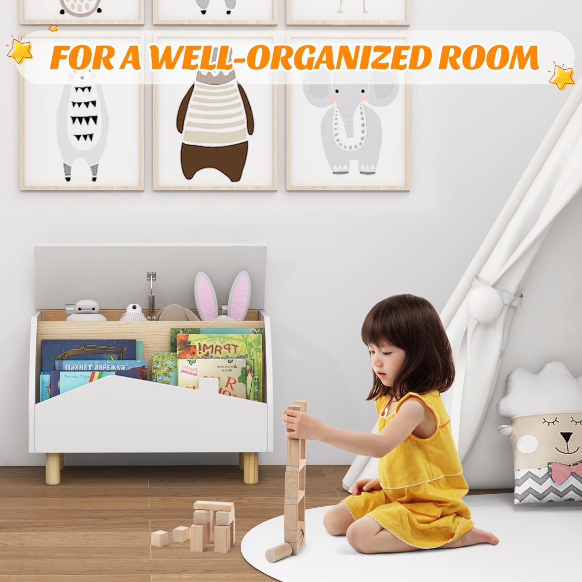Kids Toy Box with Safety Hinge for Playroom-White