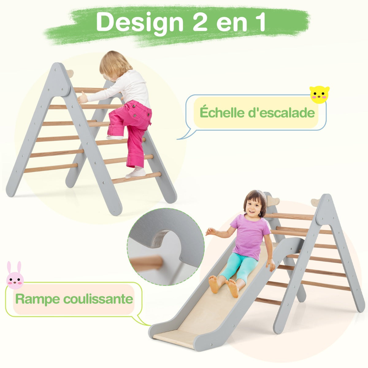 Climbing triangle with slide Climbing frame made of wood Rung triangle for sliding and climbing Grey