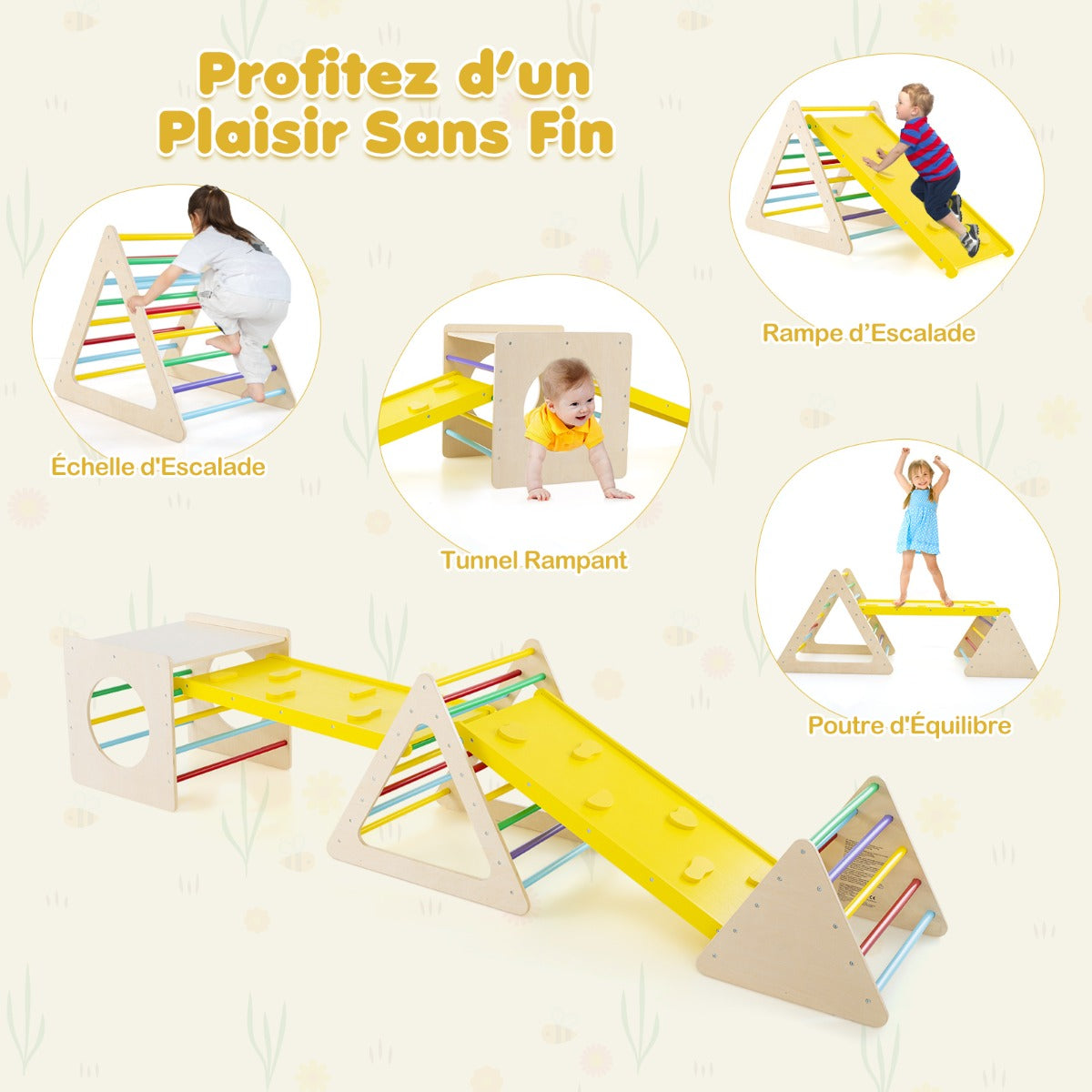 5-in-1 Montessori climbing triangle & cube with wooden slide board with 60 kg load capacity per part