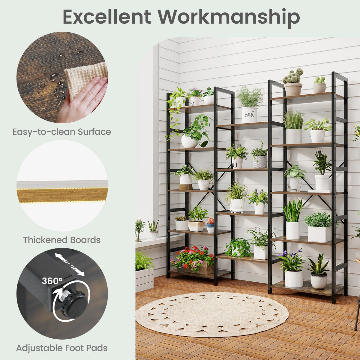 Triple Wide Heavy-duty Metal Frame Industrial Bookshelf with 14 Open Shelves-Brown