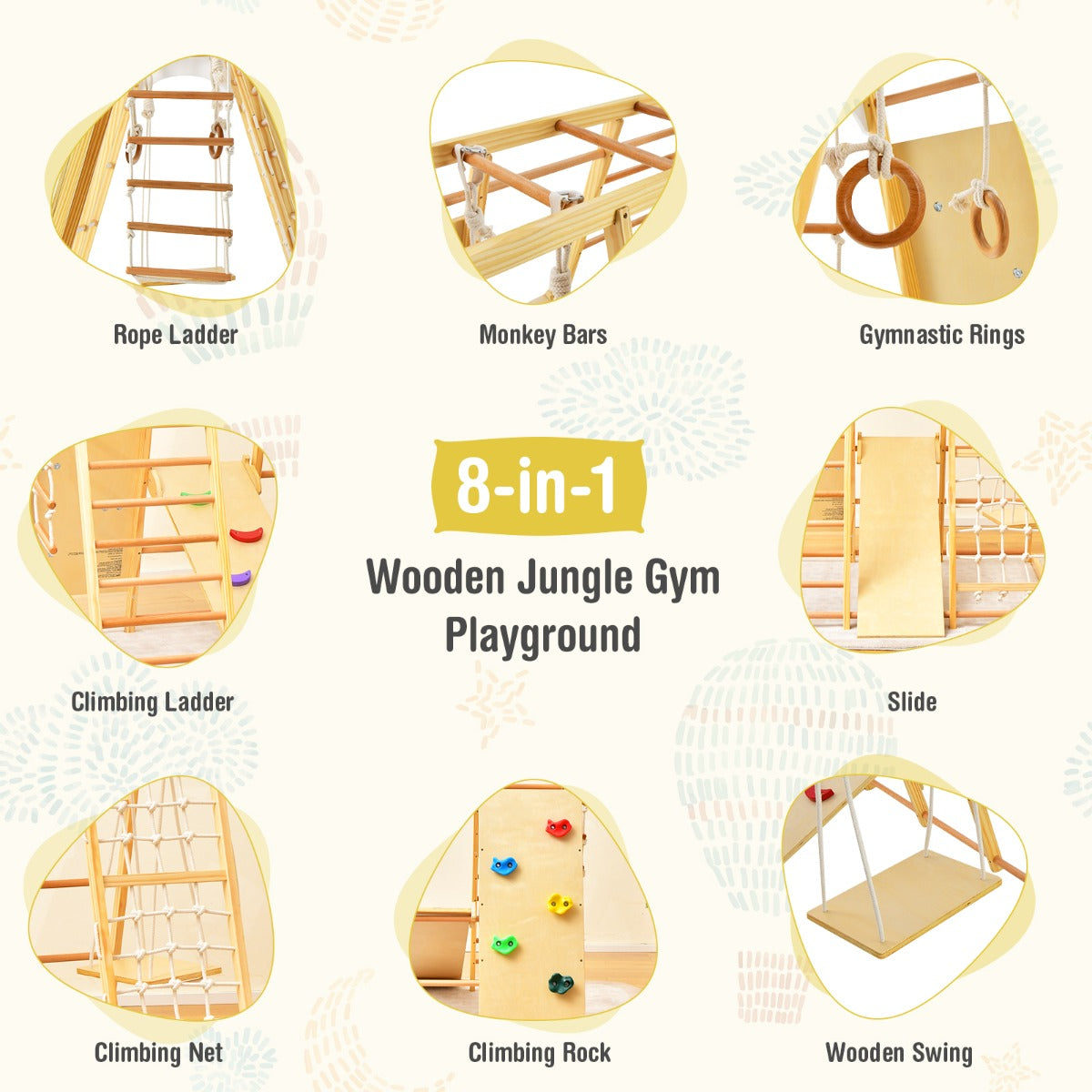 8-in-1 Jungle Gym Playset Wooden Climber Play Set with Monkey Bars-Natural