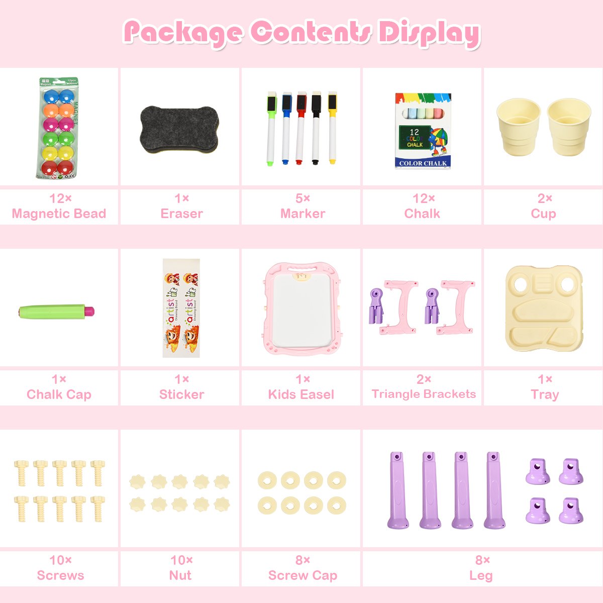 Kid's Double Sided Boards Easel Magnetic Painting Art-Pink