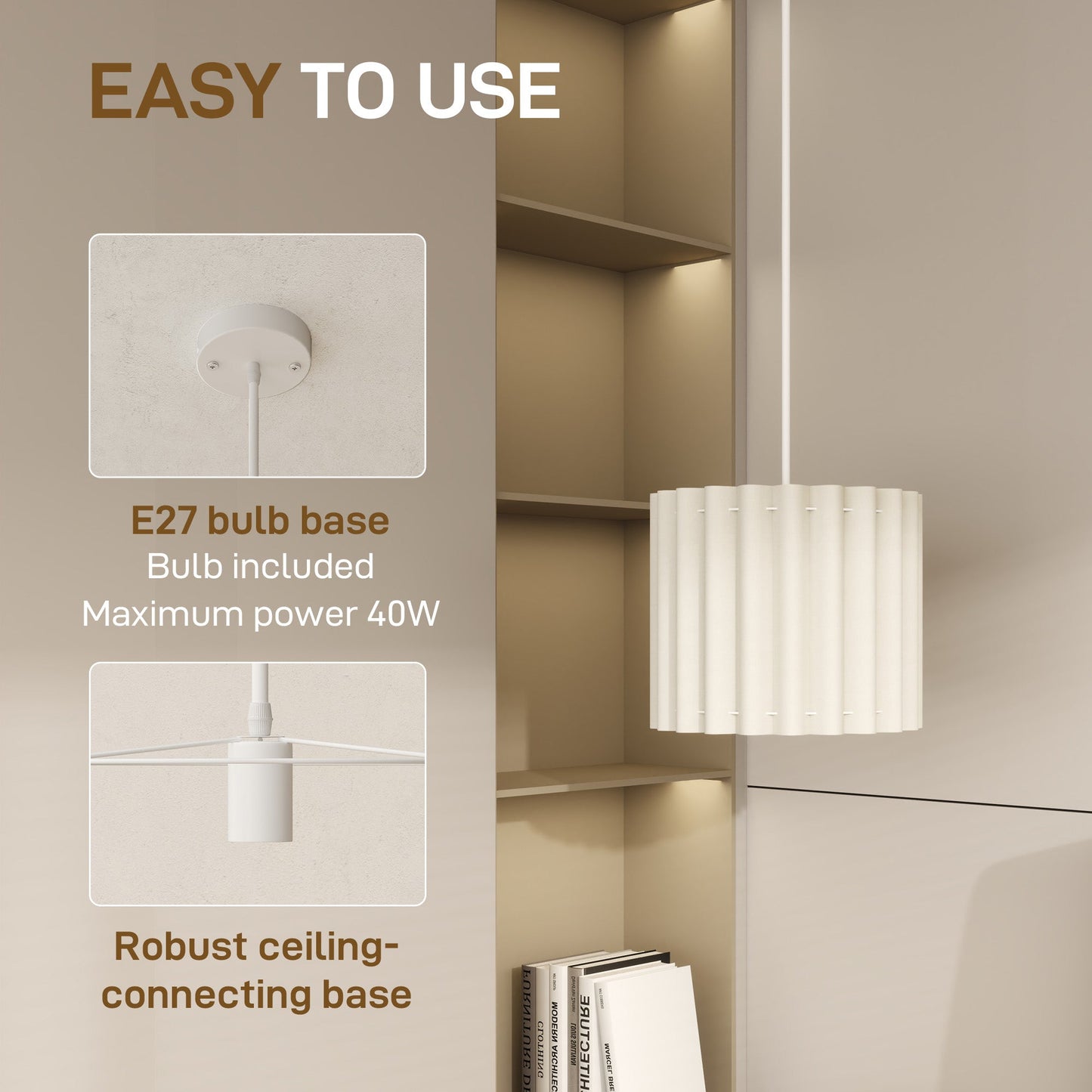 HOMCOM Linen Pendant Light, Bedside Ceiling Lamps with E27 Bulb, Modern Hanging Lights for Living Room, Bedroom, Kitchen, Hallway, White