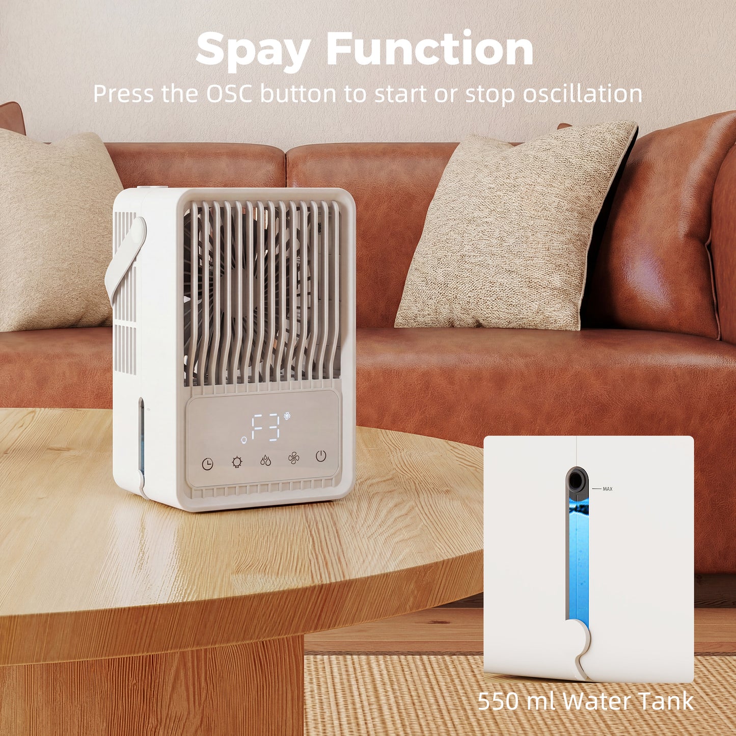 HOMCOM Desk Fan with Humidifier and RGB Light Portable Table Fan with 550ml Water Tank White