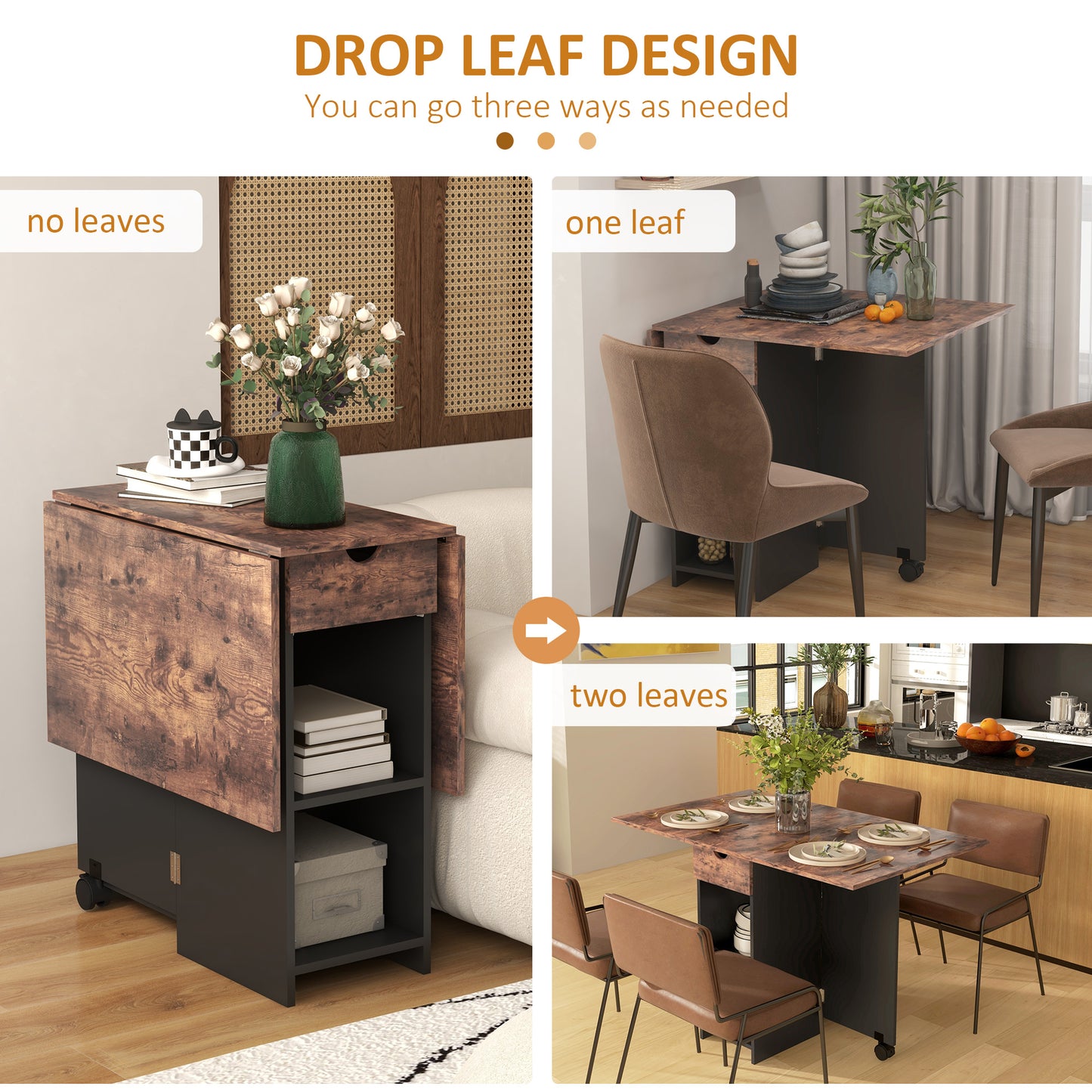 HOMCOM Folding Dining Table, Drop Leaf Table for Small Spaces, Foldable Table with Drawer and Storage Shelves for Kitchen, Dining Room, Rustic Brown